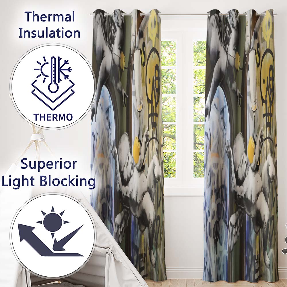 Monochrome Cherubs Plug and Peace Graffiti Contemporary Artwork for Bedroom Decor Readymade Eyelet Ring Top Thermal 100% Blackout Curtains