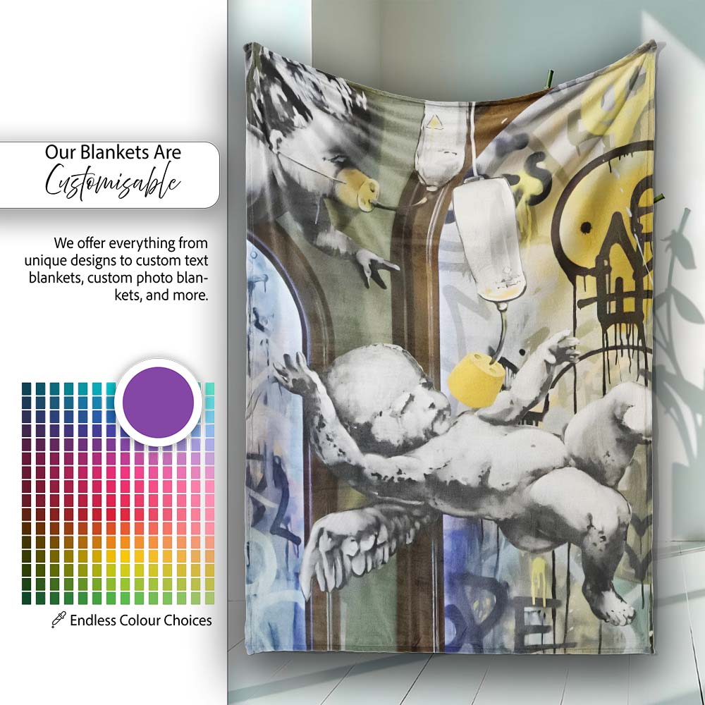 Monochrome Cherubs Plug and Peace Graffiti, Decorative Wall Art Style, Comfortable Everyday Use - Super Soft Fleece Blanket Bed Sofa Throw