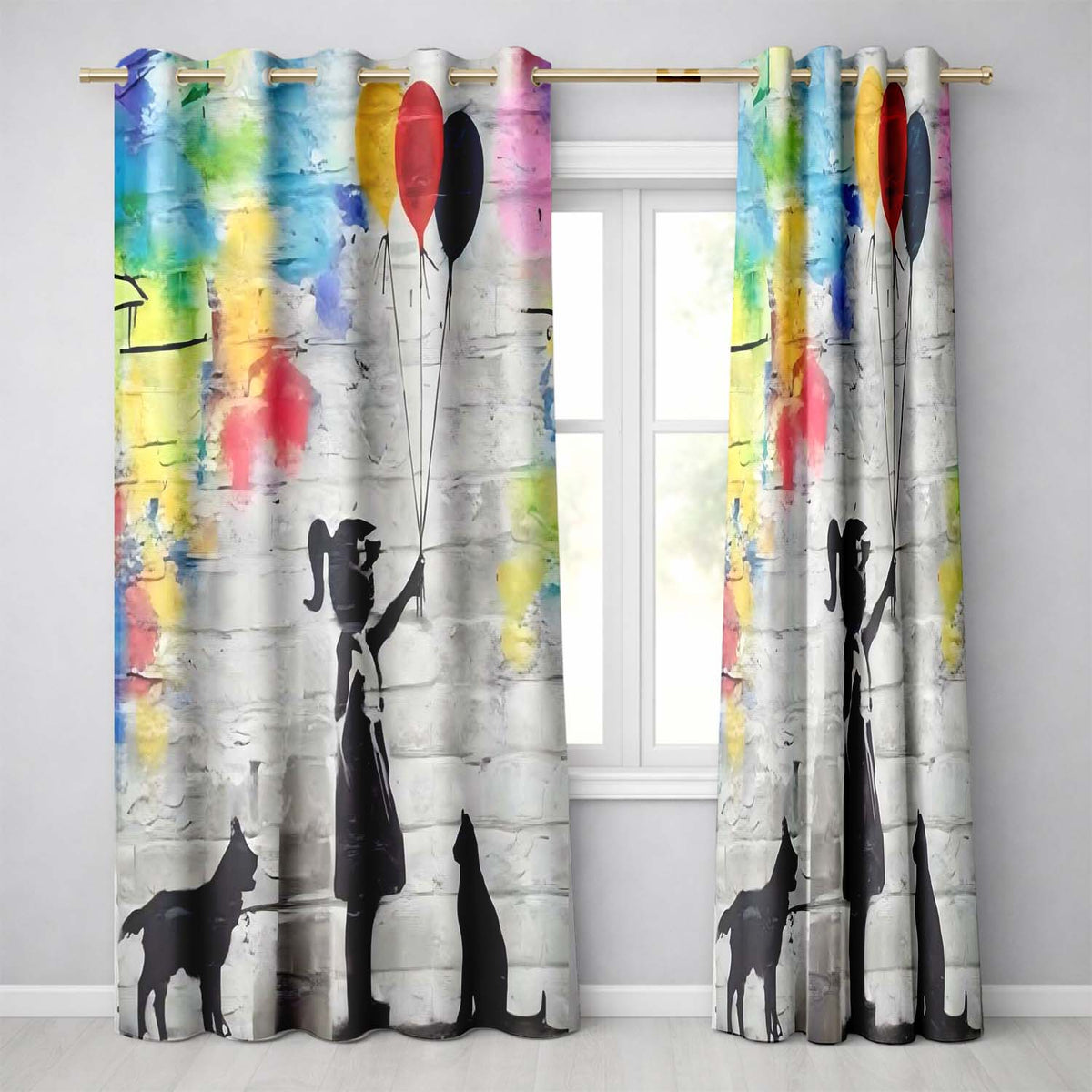 Girl Holding Balloons with Cats Colourful Graffiti Expressive Artistic Home Decor Readymade Eyelet Ring Top Thermal 100% Blackout Curtains