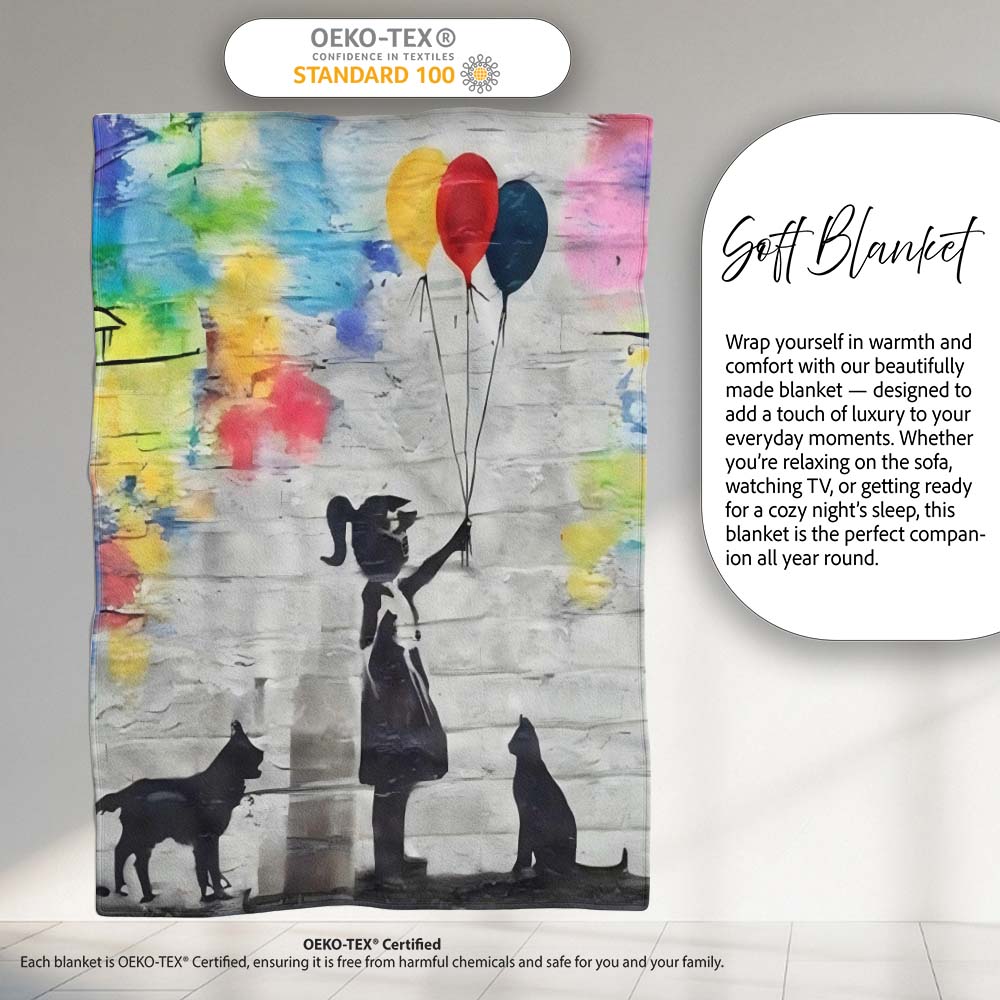 Girl Holding Balloons with Cats Colourful Graffiti, All Season Comfort, Stylish Room Decoration - Super Soft Fleece Blanket Bed Sofa Throw