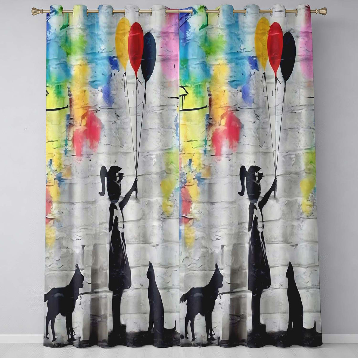 Girl Holding Balloons with Cats Colourful Graffiti Expressive Artistic Home Decor Readymade Eyelet Ring Top Thermal 100% Blackout Curtains