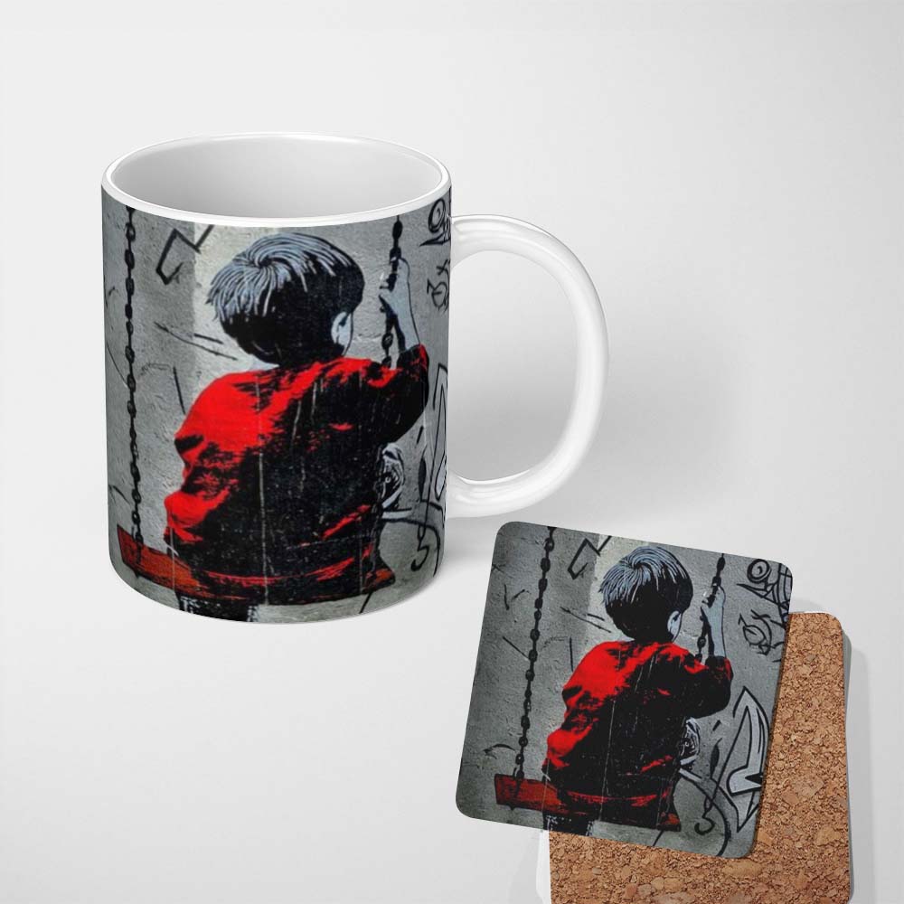 Boy on Swing Red Jacket Monochrome Graffiti 11oz Ceramic Coffee Tea Mug White Large Handle