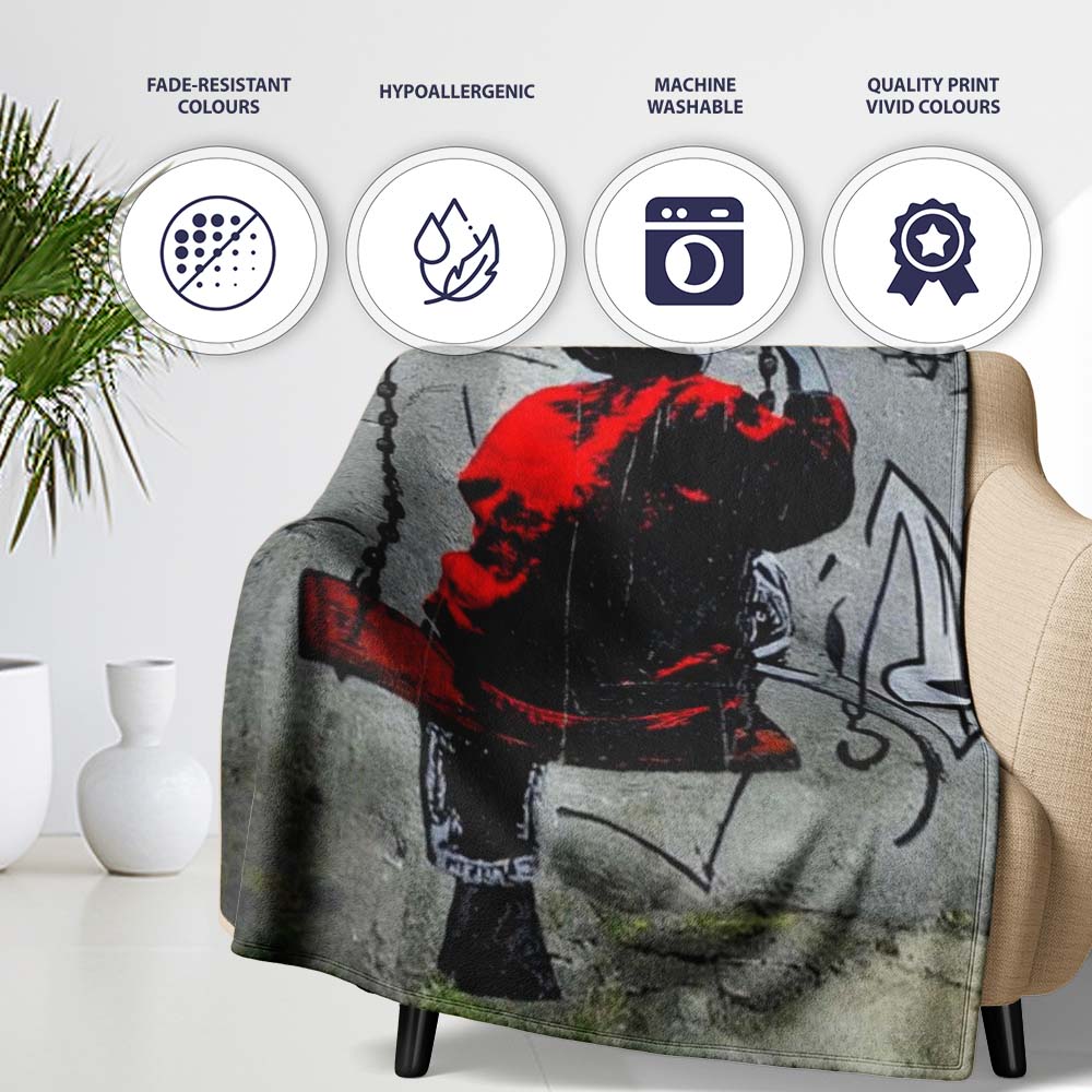 Boy on Swing Red Jacket Monochrome Graffiti, Bedroom Living Room Accent, Unique Artistic Design - Super Soft Fleece Blanket Bed Sofa Throw