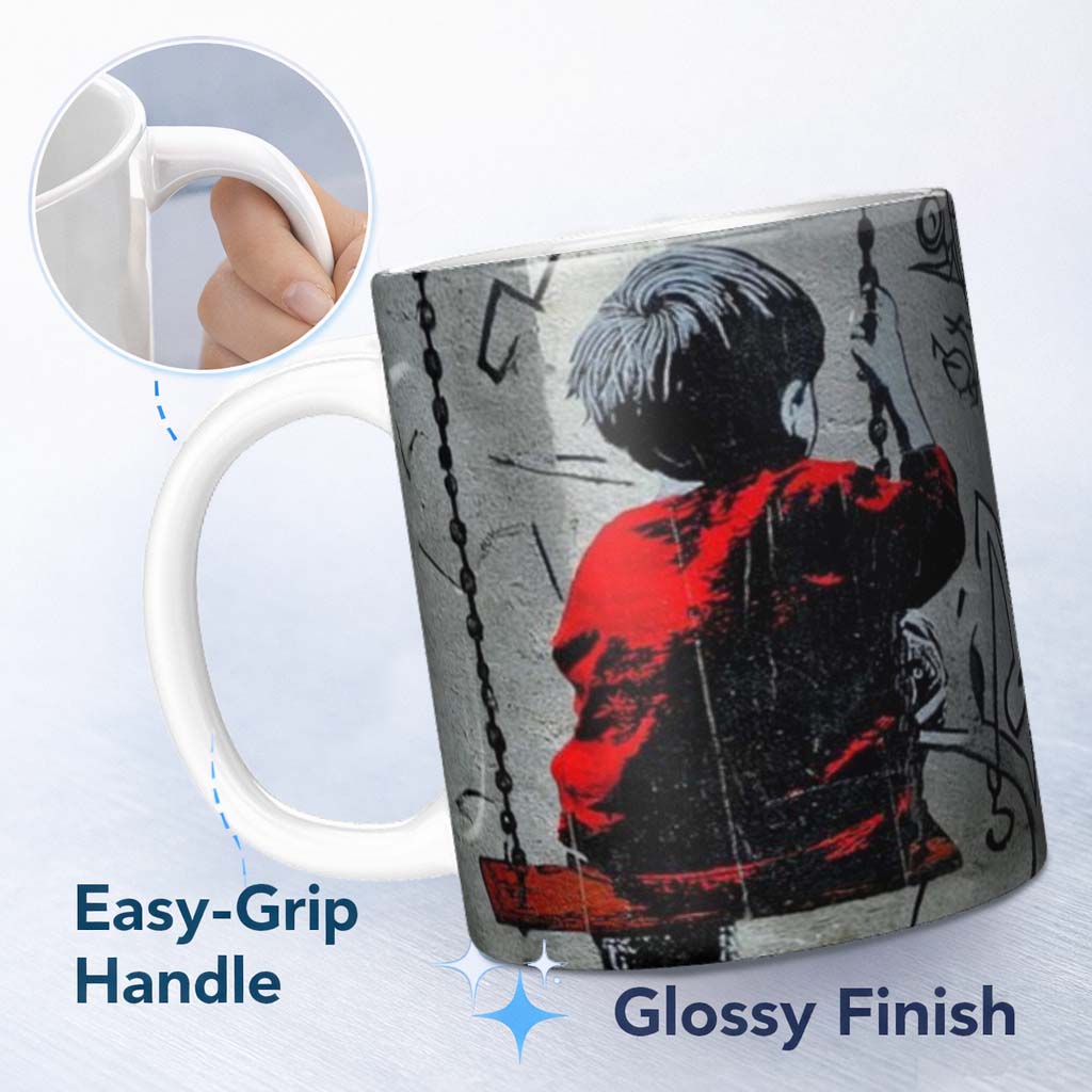 Boy on Swing Red Jacket Monochrome Graffiti 11oz Ceramic Coffee Tea Mug White Large Handle