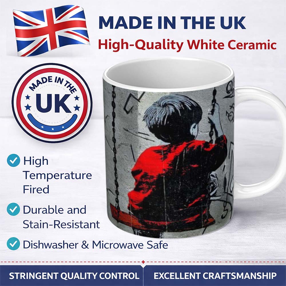 Boy on Swing Red Jacket Monochrome Graffiti 11oz Ceramic Coffee Tea Mug White Large Handle
