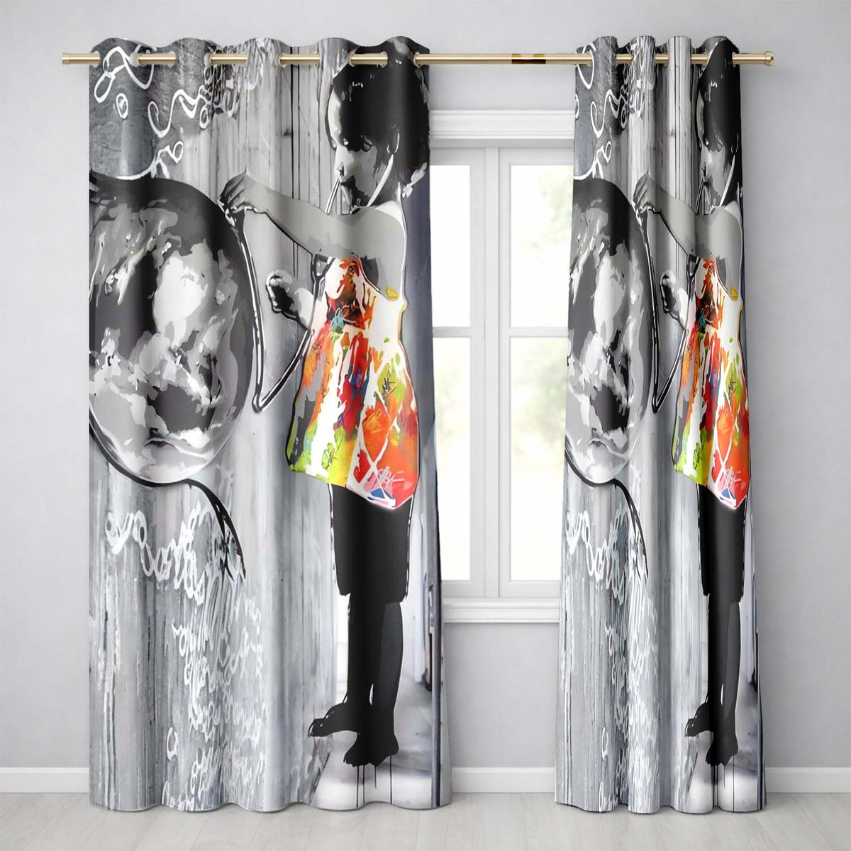 Girl Painting Globe Colour Splash Graffiti Vibrant Elegant Artwork for Home Decor Readymade Eyelet Ring Top Thermal 100% Blackout Curtains