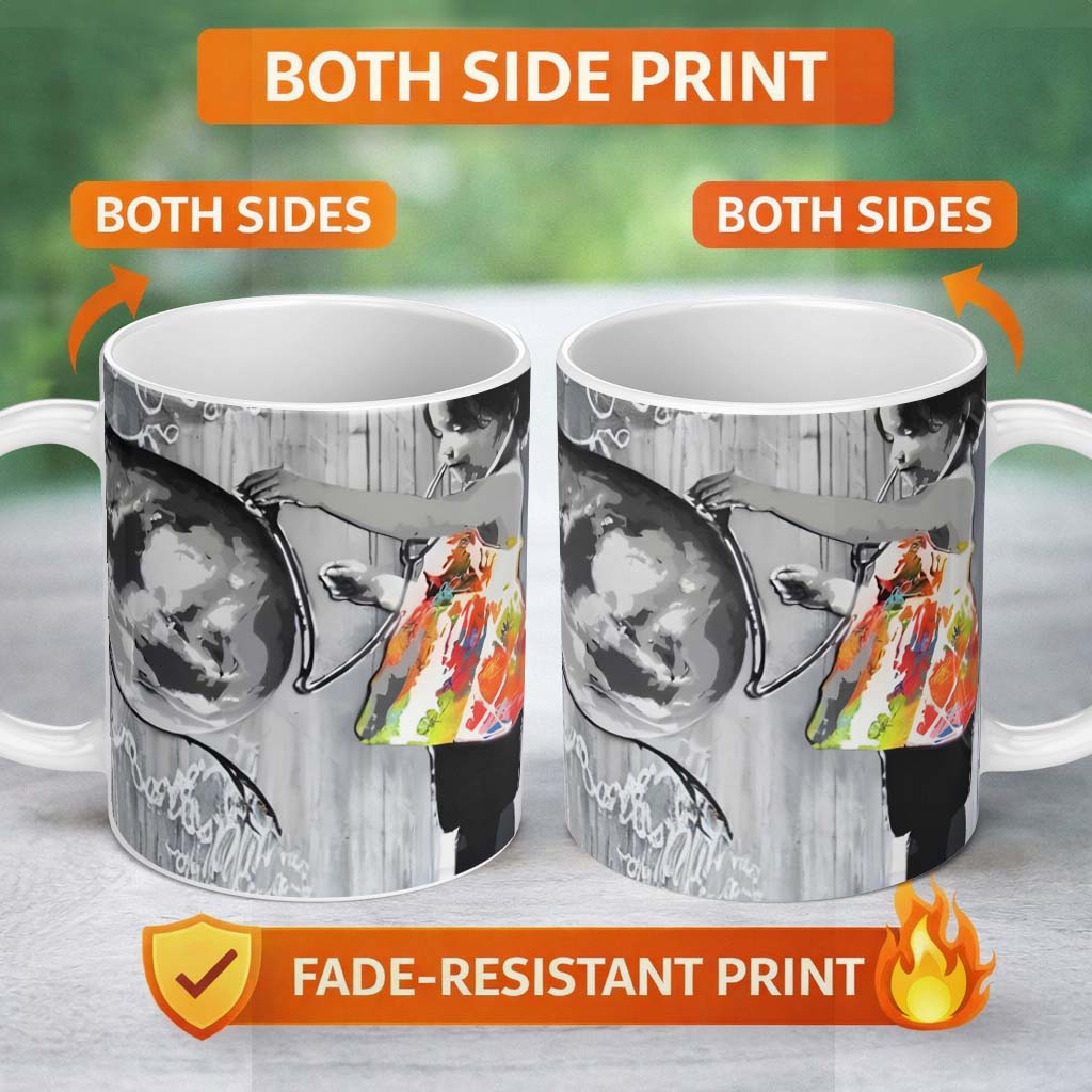 Girl Painting Globe Colour Splash Graffiti 11oz Ceramic Coffee Tea Mug White Large Handle
