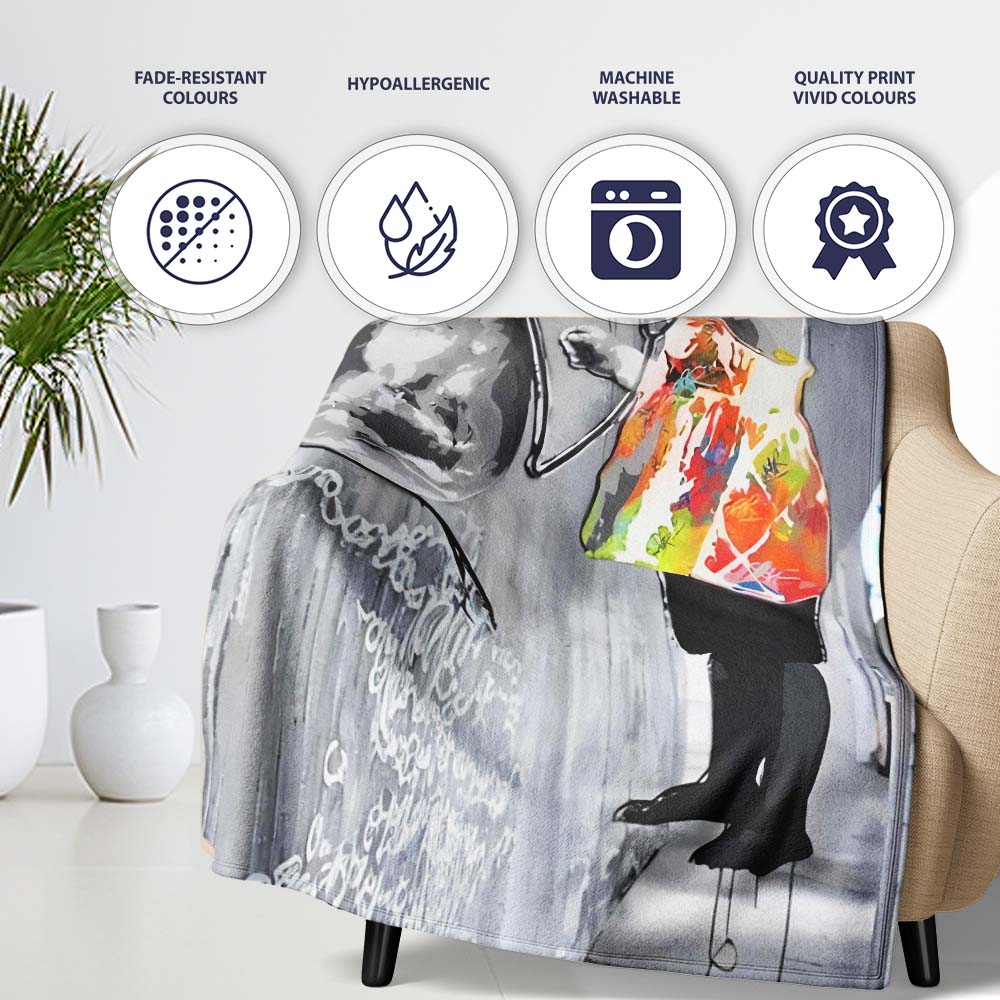 Girl Painting Globe Colour Splash Graffiti, Decorative Wall Art Style, Comfortable Everyday Use - Super Soft Fleece Blanket Bed Sofa Throw