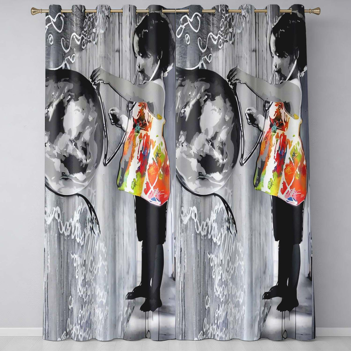 Girl Painting Globe Colour Splash Graffiti Vibrant Elegant Artwork for Home Decor Readymade Eyelet Ring Top Thermal 100% Blackout Curtains