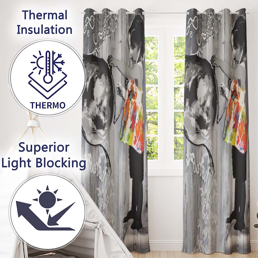 Girl Painting Globe Colour Splash Graffiti Vibrant Elegant Artwork for Home Decor Readymade Eyelet Ring Top Thermal 100% Blackout Curtains