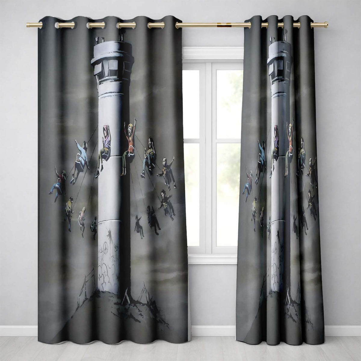 Children Around Watchtower Dark Political Graffiti Decorative Artistic Home Decor Readymade Eyelet Ring Top Thermal 100% Blackout Curtains