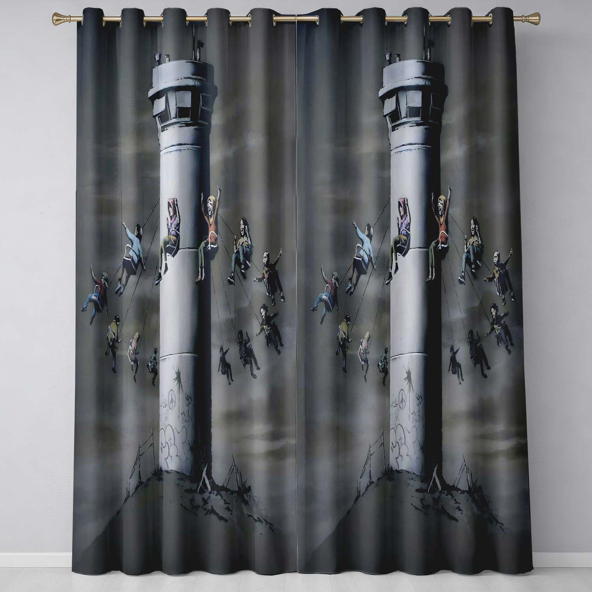 Children Around Watchtower Dark Political Graffiti Decorative Artistic Home Decor Readymade Eyelet Ring Top Thermal 100% Blackout Curtains