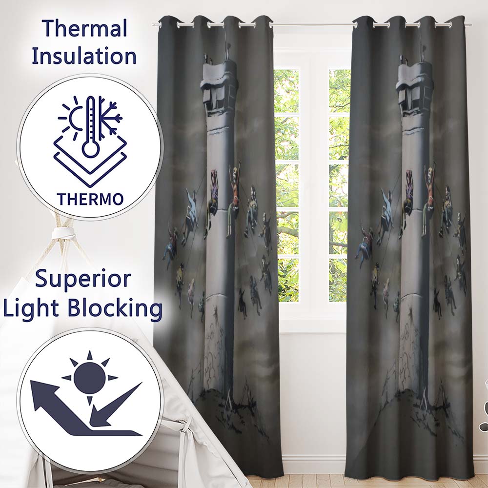 Children Around Watchtower Dark Political Graffiti Decorative Artistic Home Decor Readymade Eyelet Ring Top Thermal 100% Blackout Curtains