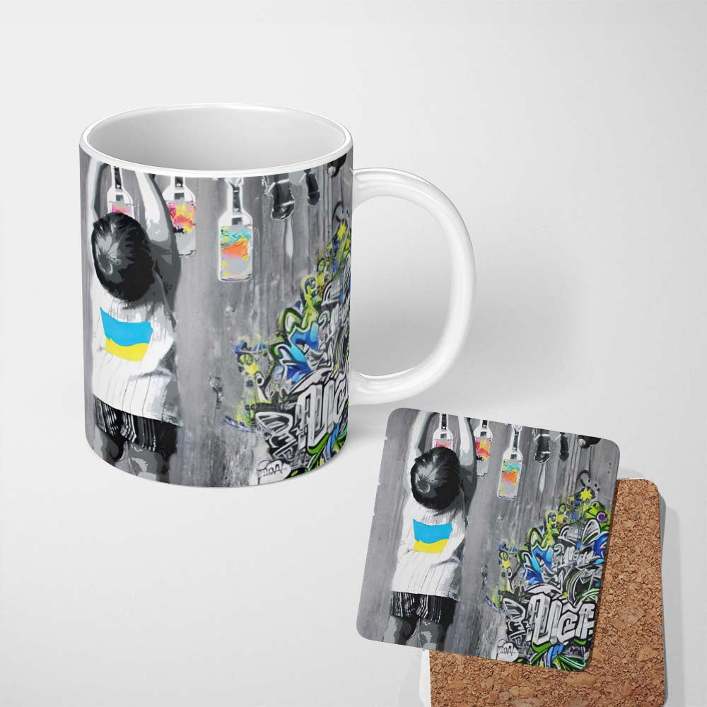 Girl Hanging Art Bottles Blue Yellow Urban Graffiti 11oz Ceramic Coffee Tea Mug White Large Handle