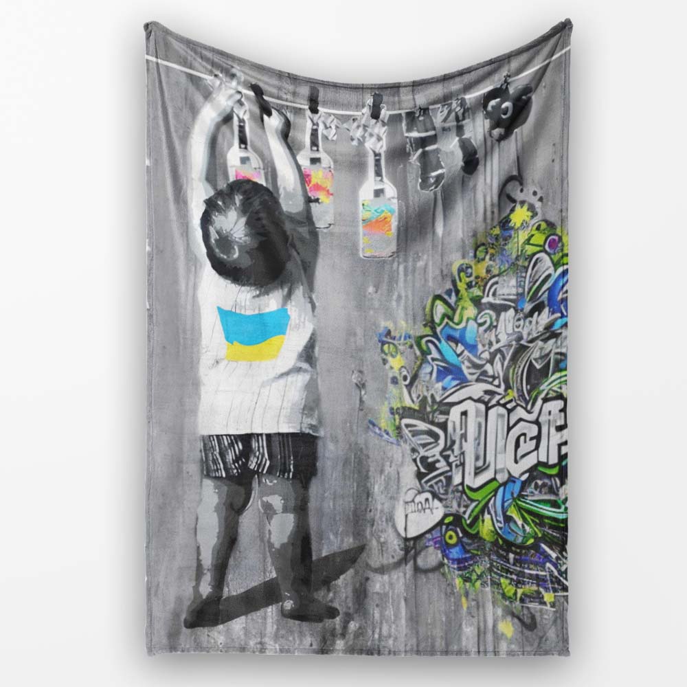 Girl Hanging Art Bottles Blue Yellow Urban Graffiti, All Season Comfort, Modern Interior Accent - Super Soft Fleece Blanket Bed Sofa Throw