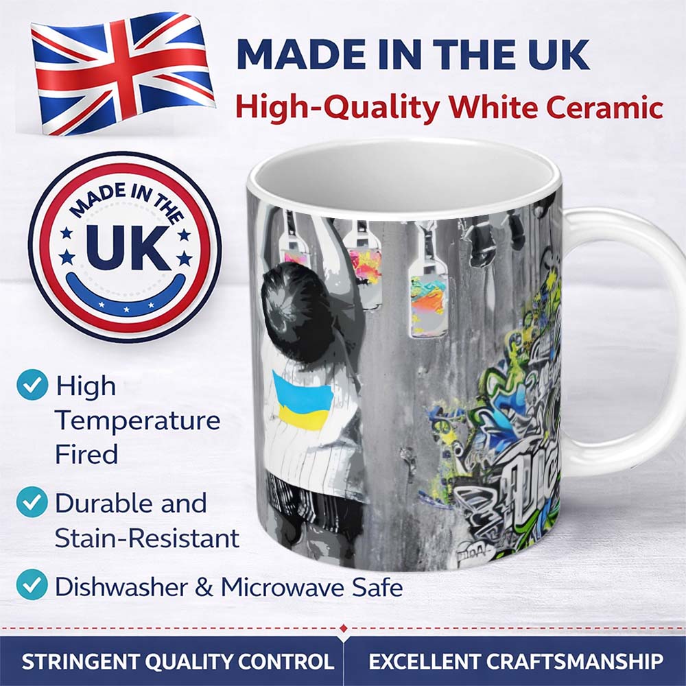 Girl Hanging Art Bottles Blue Yellow Urban Graffiti 11oz Ceramic Coffee Tea Mug White Large Handle