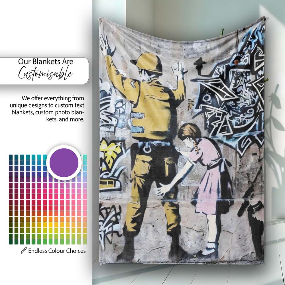 Soldier and Girl Pink Dress Urban Graffiti, Decorative Wall Art Style, Comfortable Everyday Use - Super Soft Fleece Blanket Bed Sofa Throw