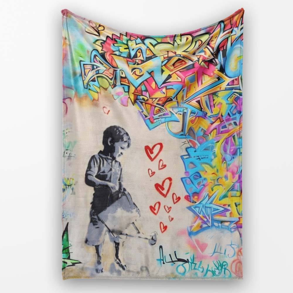 Girl with Umbrella Red Hearts Colourful Graffiti, All Season Comfort, Decorative Wall Art Style - Super Soft Fleece Blanket Bed Sofa Throw