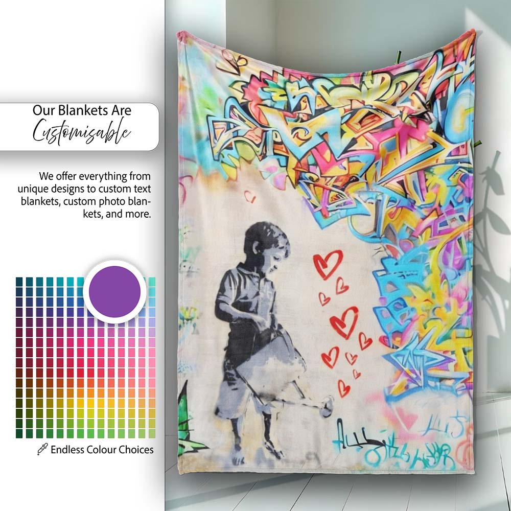 Girl with Umbrella Red Hearts Colourful Graffiti, All Season Comfort, Decorative Wall Art Style - Super Soft Fleece Blanket Bed Sofa Throw