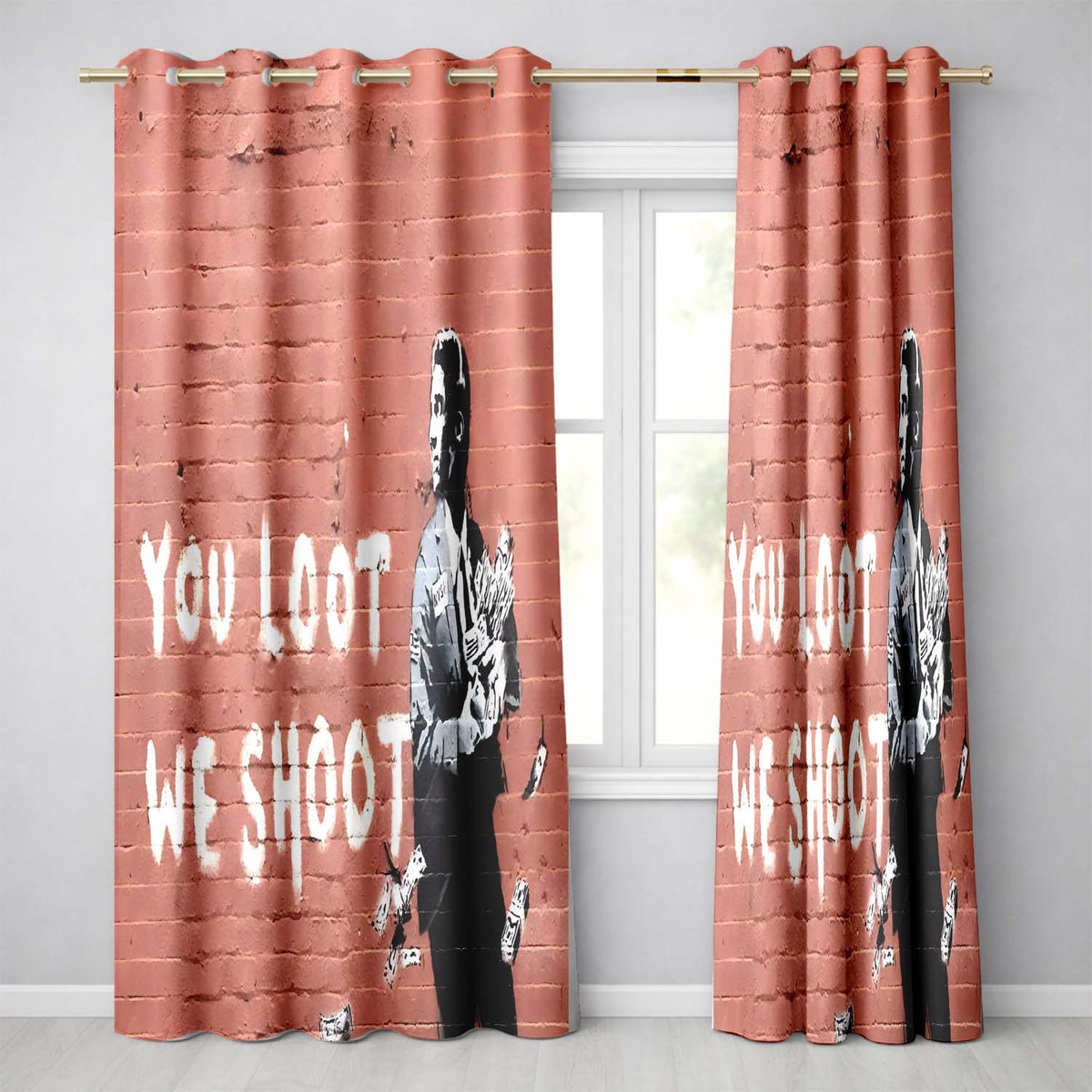 Businessman Holding Money Satirical Brick Wall Graffiti Modern Artistic Home Decor Readymade Eyelet Ring Top Thermal 100% Blackout Curtains
