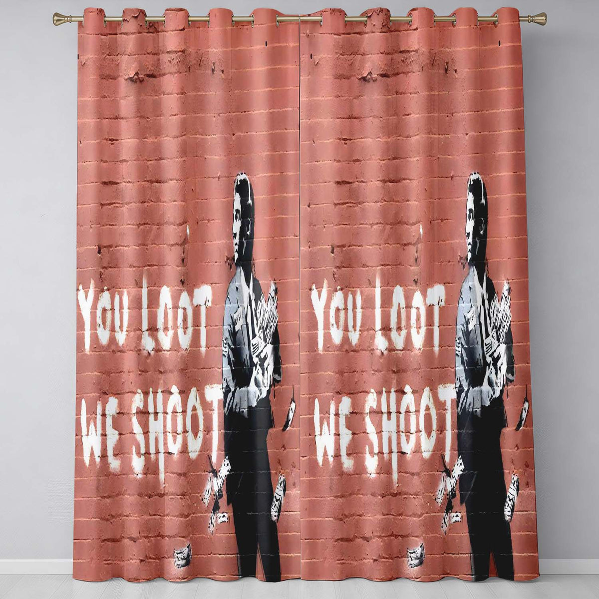 Businessman Holding Money Satirical Brick Wall Graffiti Modern Artistic Home Decor Readymade Eyelet Ring Top Thermal 100% Blackout Curtains