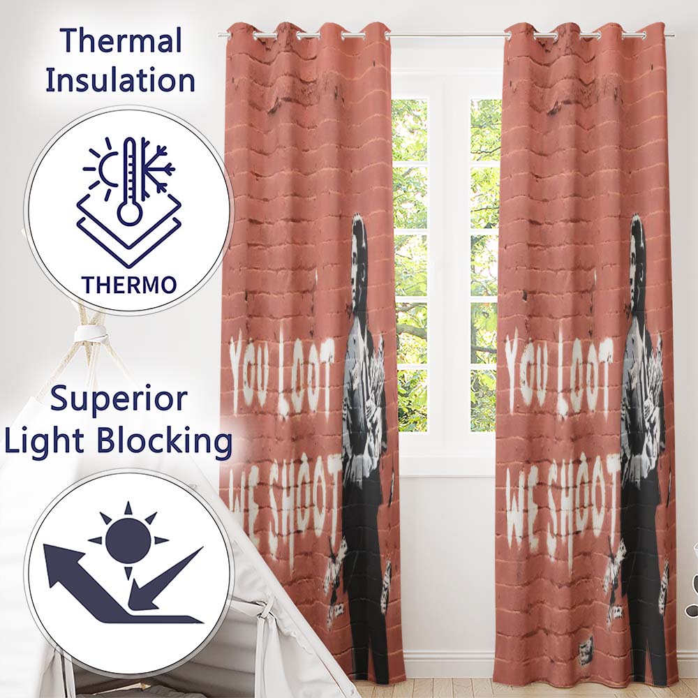 Businessman Holding Money Satirical Brick Wall Graffiti Modern Artistic Home Decor Readymade Eyelet Ring Top Thermal 100% Blackout Curtains