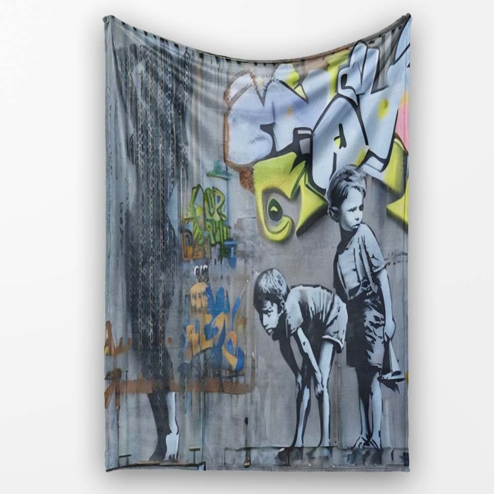 Two Boys Monochrome Urban Graffiti City Scene, All Season Comfort, Thoughtful Housewarming Gift - Super Soft Fleece Blanket Bed Sofa Throw
