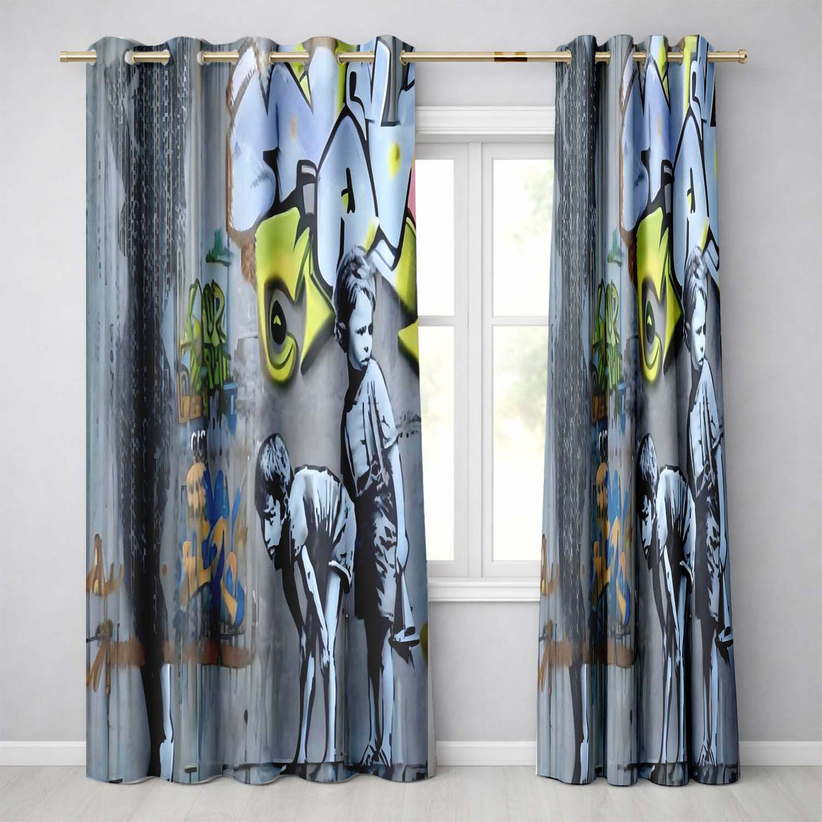 Two Boys Monochrome Urban Graffiti City Scene Bold Elegant Artwork for Home Decor Readymade Eyelet Ring Top Thermal 100% Blackout Curtains