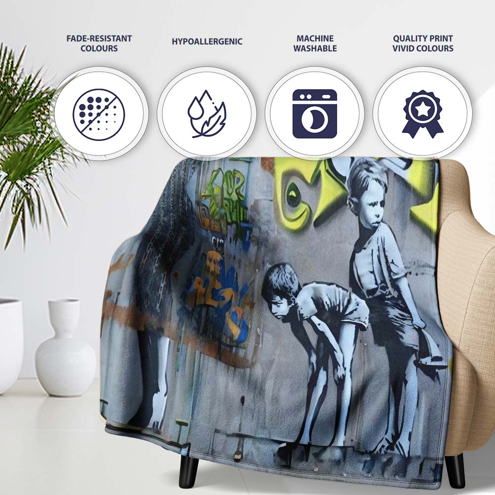 Two Boys Monochrome Urban Graffiti City Scene, All Season Comfort, Thoughtful Housewarming Gift - Super Soft Fleece Blanket Bed Sofa Throw