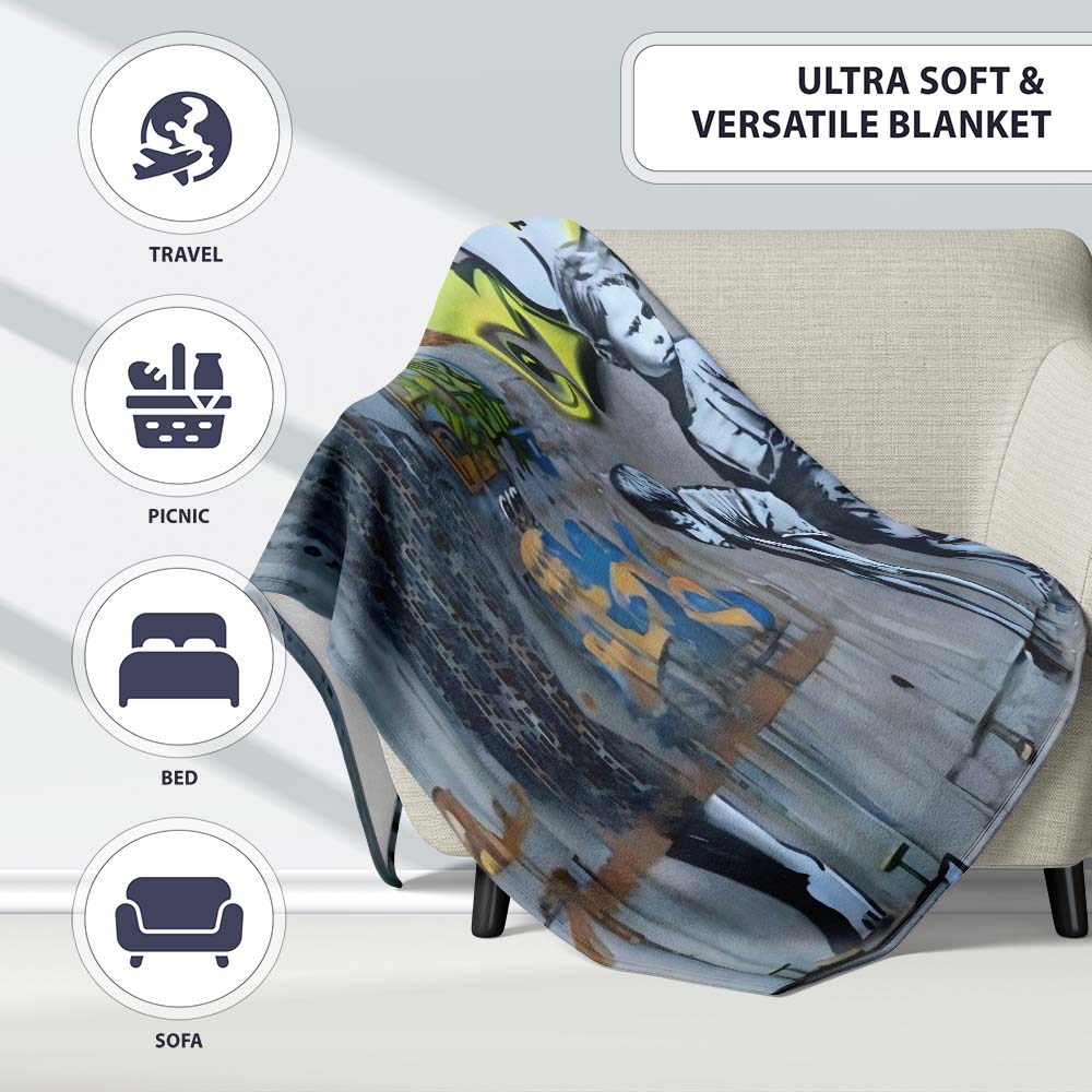 Two Boys Monochrome Urban Graffiti City Scene, All Season Comfort, Thoughtful Housewarming Gift - Super Soft Fleece Blanket Bed Sofa Throw