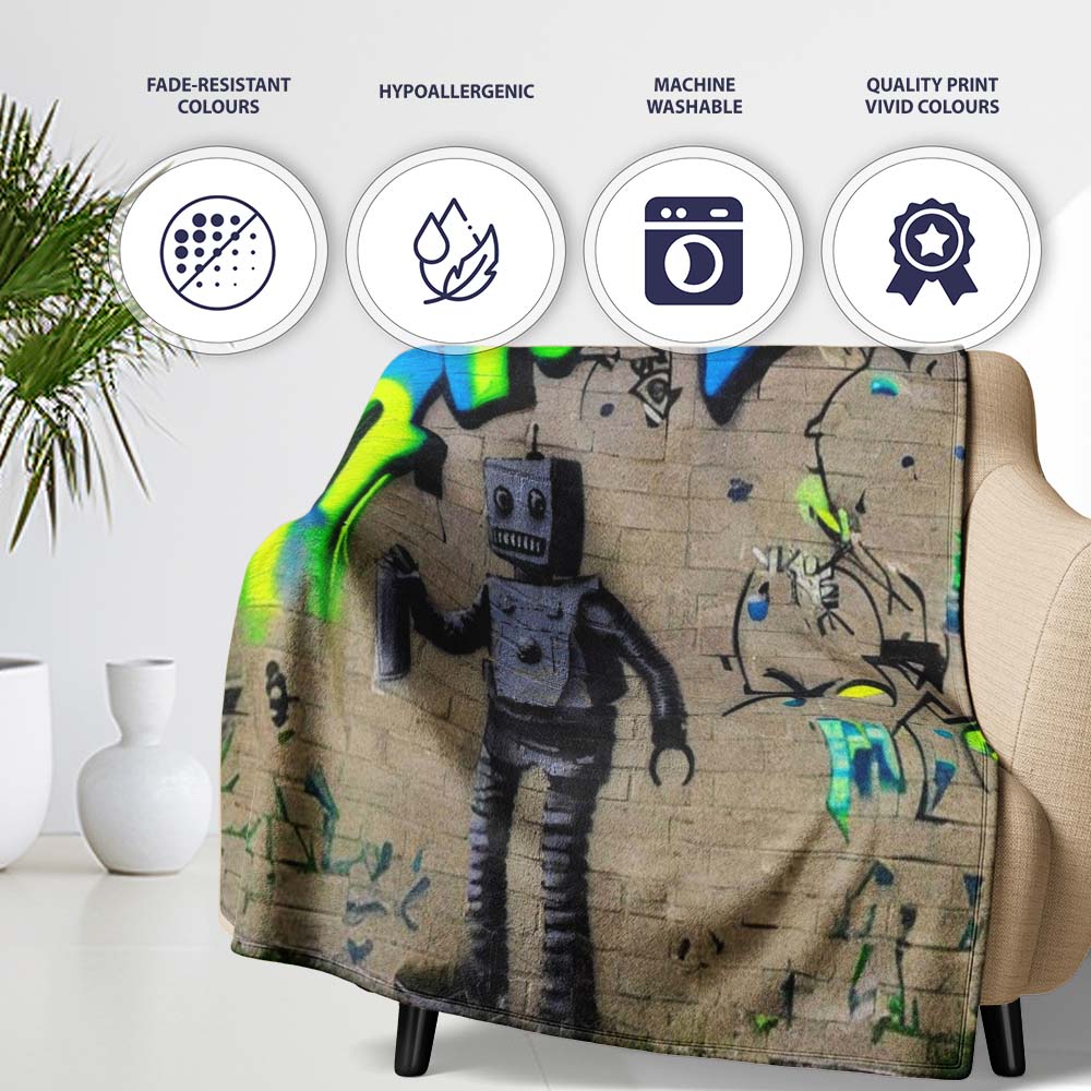 Vintage Robot Spray Can Neon Graffiti, Bedroom Living Room Accent, Thoughtful Housewarming Gift - Super Soft Fleece Blanket Bed Sofa Throw