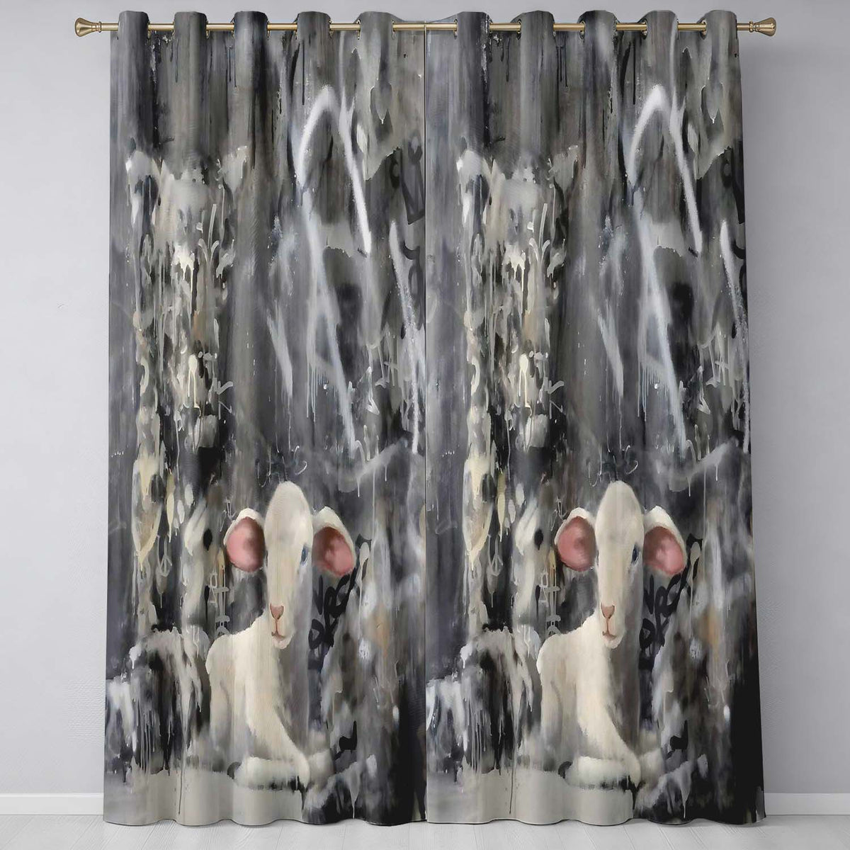 White Lamb Grey Abstract Graffiti Street Art Creative Bold Artwork for Home Decor Readymade Eyelet Ring Top Thermal 100% Blackout Curtains