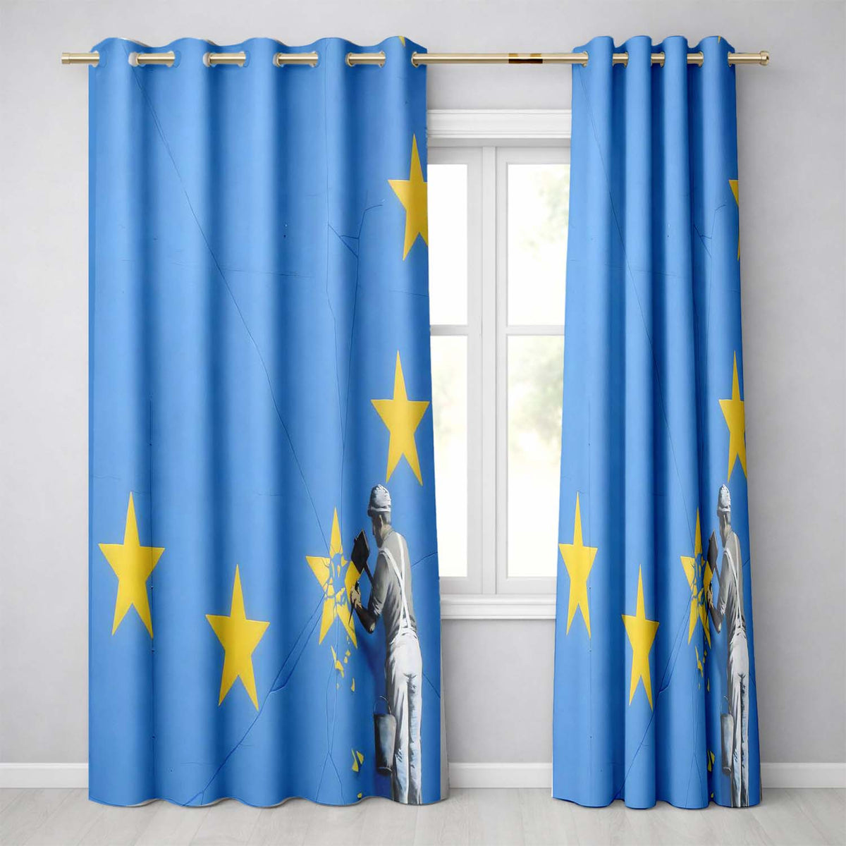 Blue Flag Yellow Stars Worker Political Graffiti Contemporary Artistic Home Decor Readymade Eyelet Ring Top Thermal 100% Blackout Curtains