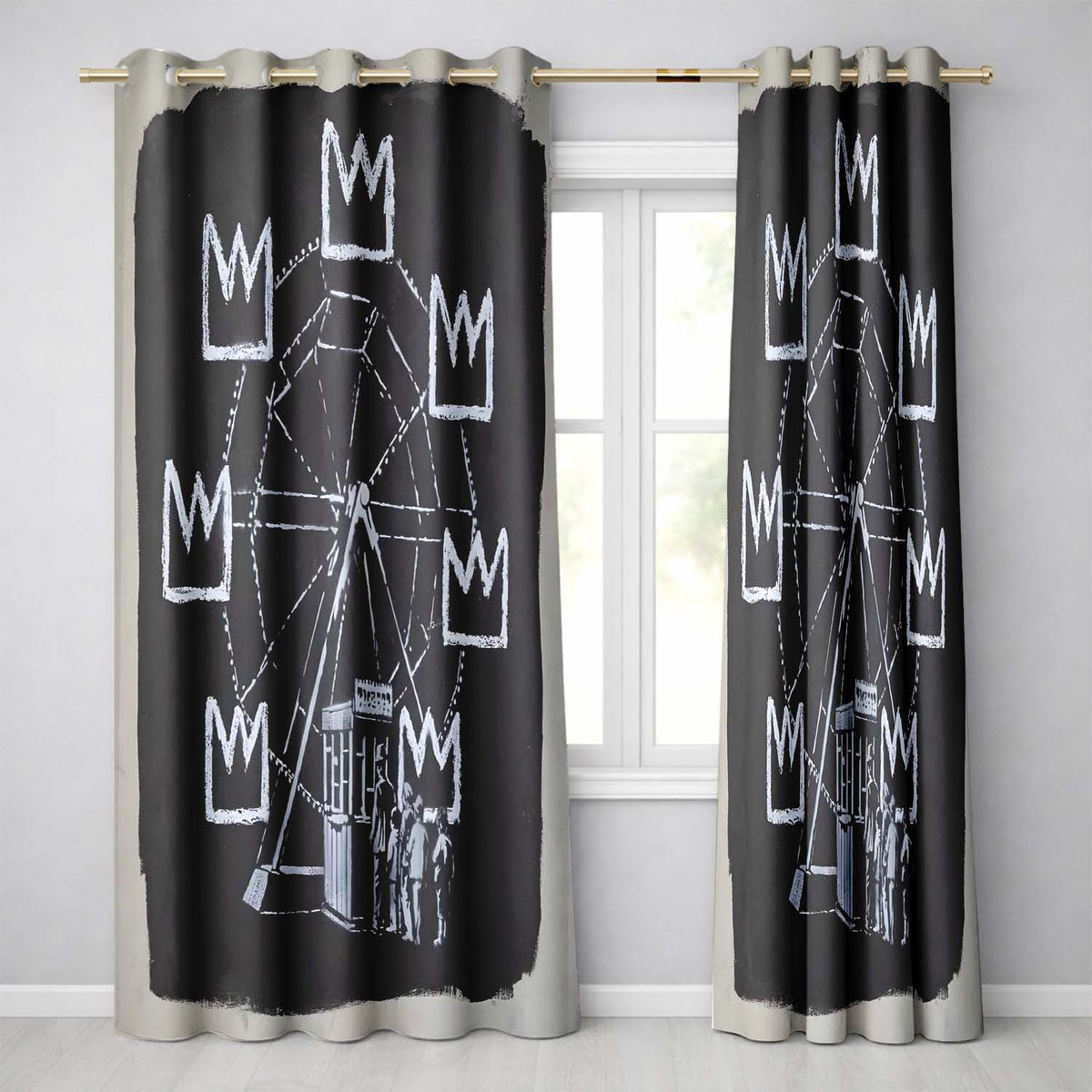 Ferris Wheel Children Crown Monochrome Graffiti Elegant Artwork for Bedroom Decor Readymade Eyelet Ring Top Thermal 100% Blackout Curtains