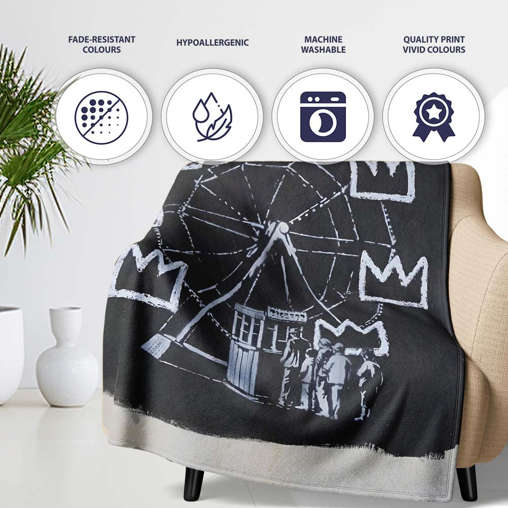 Ferris Wheel Children Crown Monochrome Graffiti, Bedroom Living Room Accent, All Season Comfort - Super Soft Fleece Blanket Bed Sofa Throw