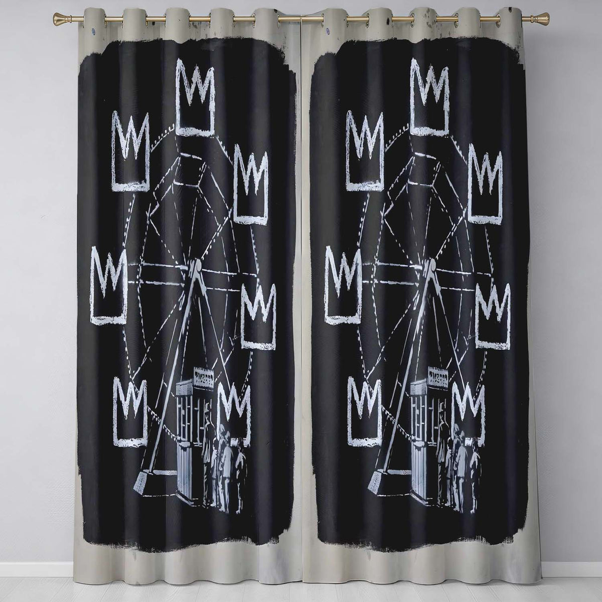 Ferris Wheel Children Crown Monochrome Graffiti Elegant Artwork for Bedroom Decor Readymade Eyelet Ring Top Thermal 100% Blackout Curtains