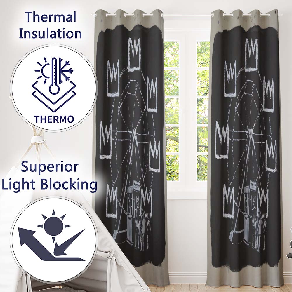 Ferris Wheel Children Crown Monochrome Graffiti Elegant Artwork for Bedroom Decor Readymade Eyelet Ring Top Thermal 100% Blackout Curtains