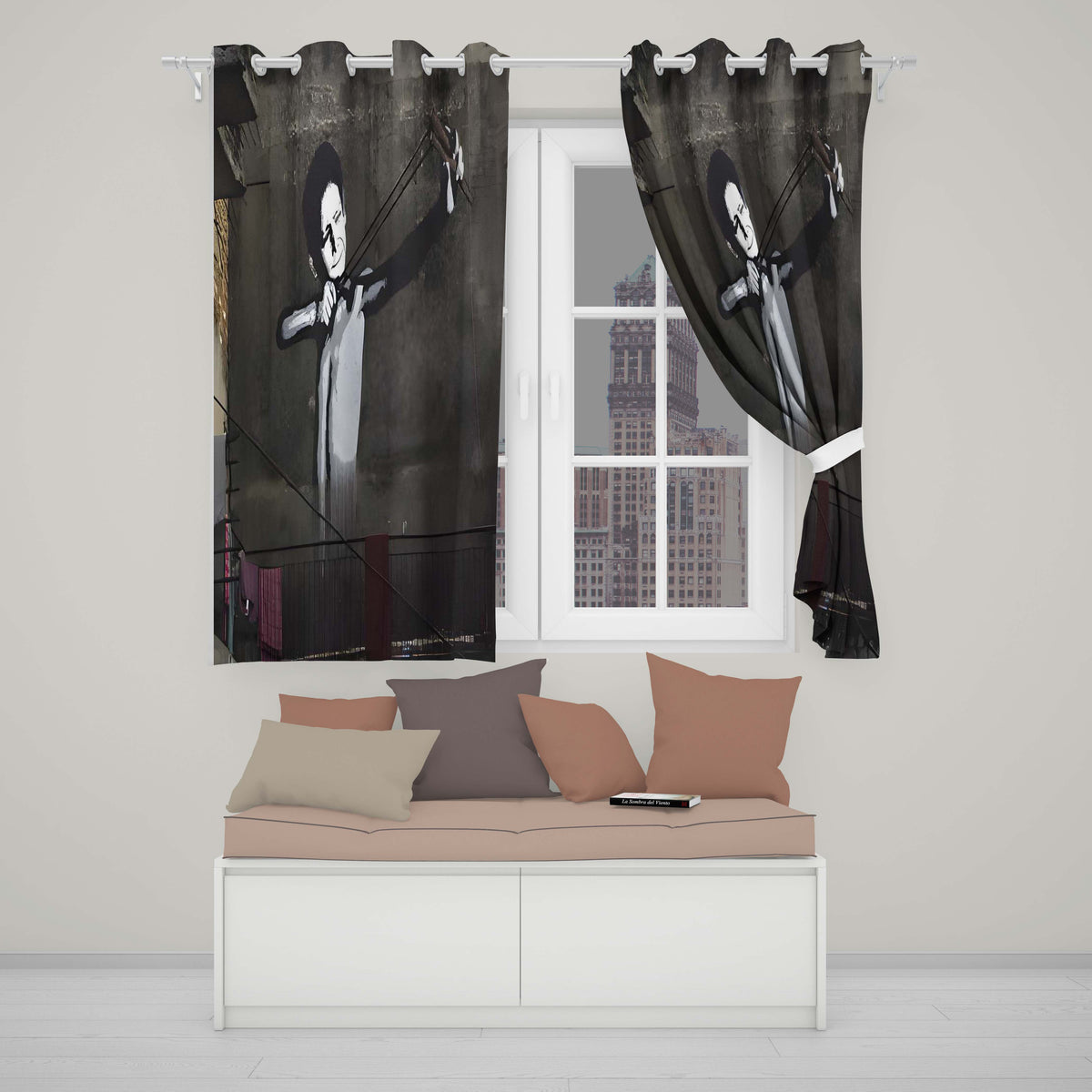 Monochrome Woman Slingshot Dark Street Graffiti Vibrant Artwork for Bedroom Decor Readymade Eyelet Ring Top Thermal 100% Blackout Curtains