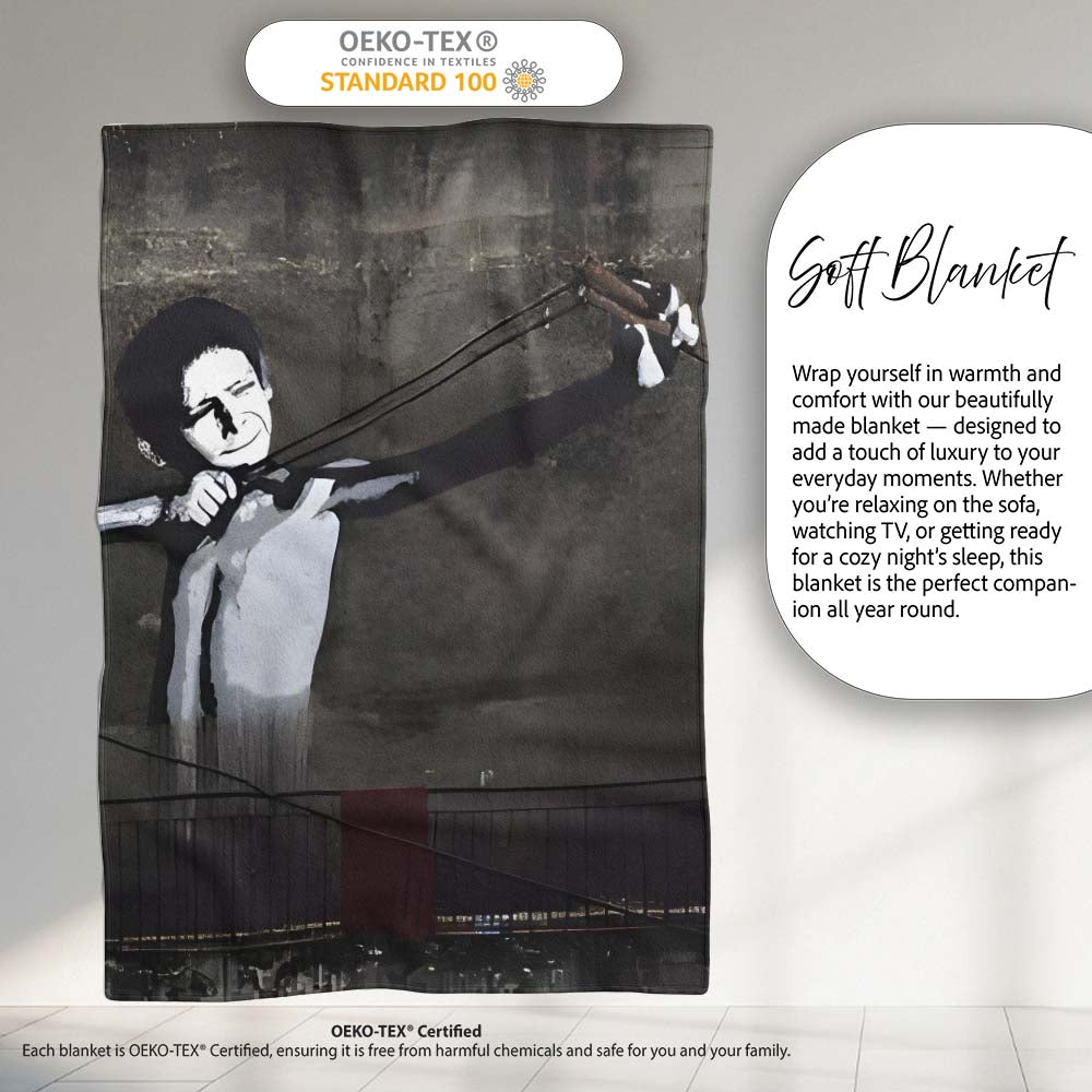 Monochrome Woman Slingshot Dark Street Graffiti, Bedroom Living Room Accent, All Season Comfort - Super Soft Fleece Blanket Bed Sofa Throw