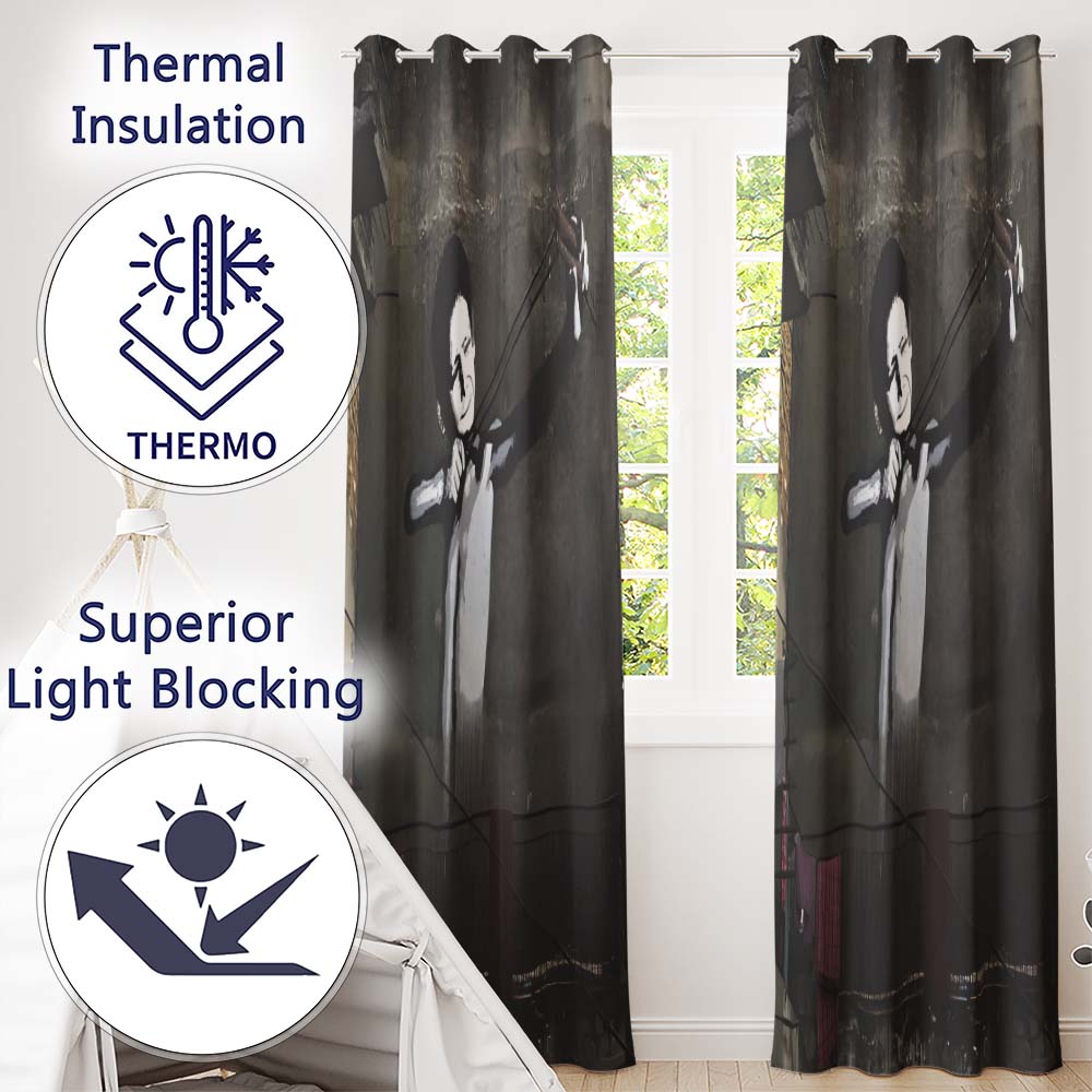 Monochrome Woman Slingshot Dark Street Graffiti Vibrant Artwork for Bedroom Decor Readymade Eyelet Ring Top Thermal 100% Blackout Curtains