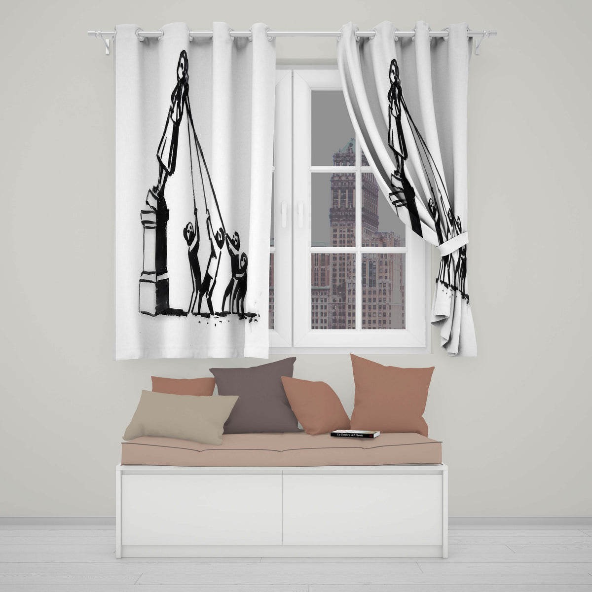 Children Pulling Woman Statue Minimal Graffiti Bold Unique Artwork for Home Decor Readymade Eyelet Ring Top Thermal 100% Blackout Curtains