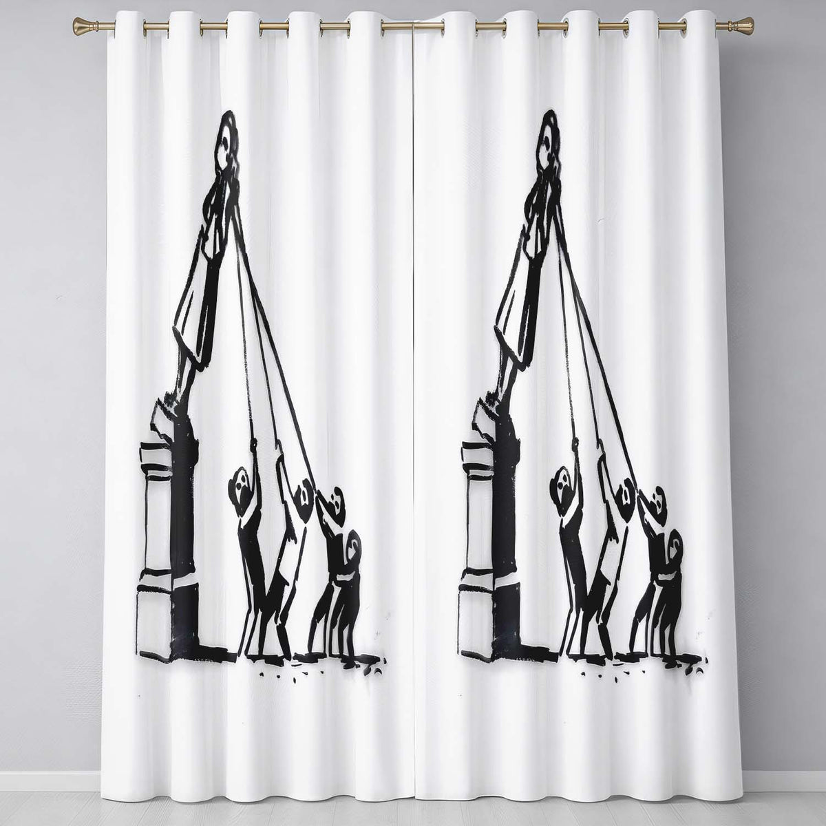 Children Pulling Woman Statue Minimal Graffiti Bold Unique Artwork for Home Decor Readymade Eyelet Ring Top Thermal 100% Blackout Curtains