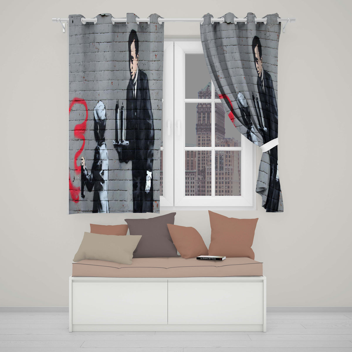 Child Drawing Red Line Butler Urban Graffiti Modern Unique Artwork for Home Decor Readymade Eyelet Ring Top Thermal 100% Blackout Curtains