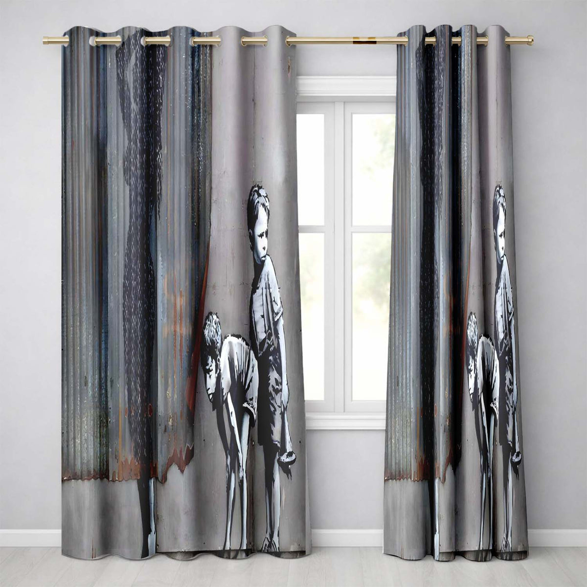 Two Boys and Hidden Woman Monochrome Urban Graffiti Elegant Design for Home Decor Readymade Eyelet Ring Top Thermal 100% Blackout Curtains