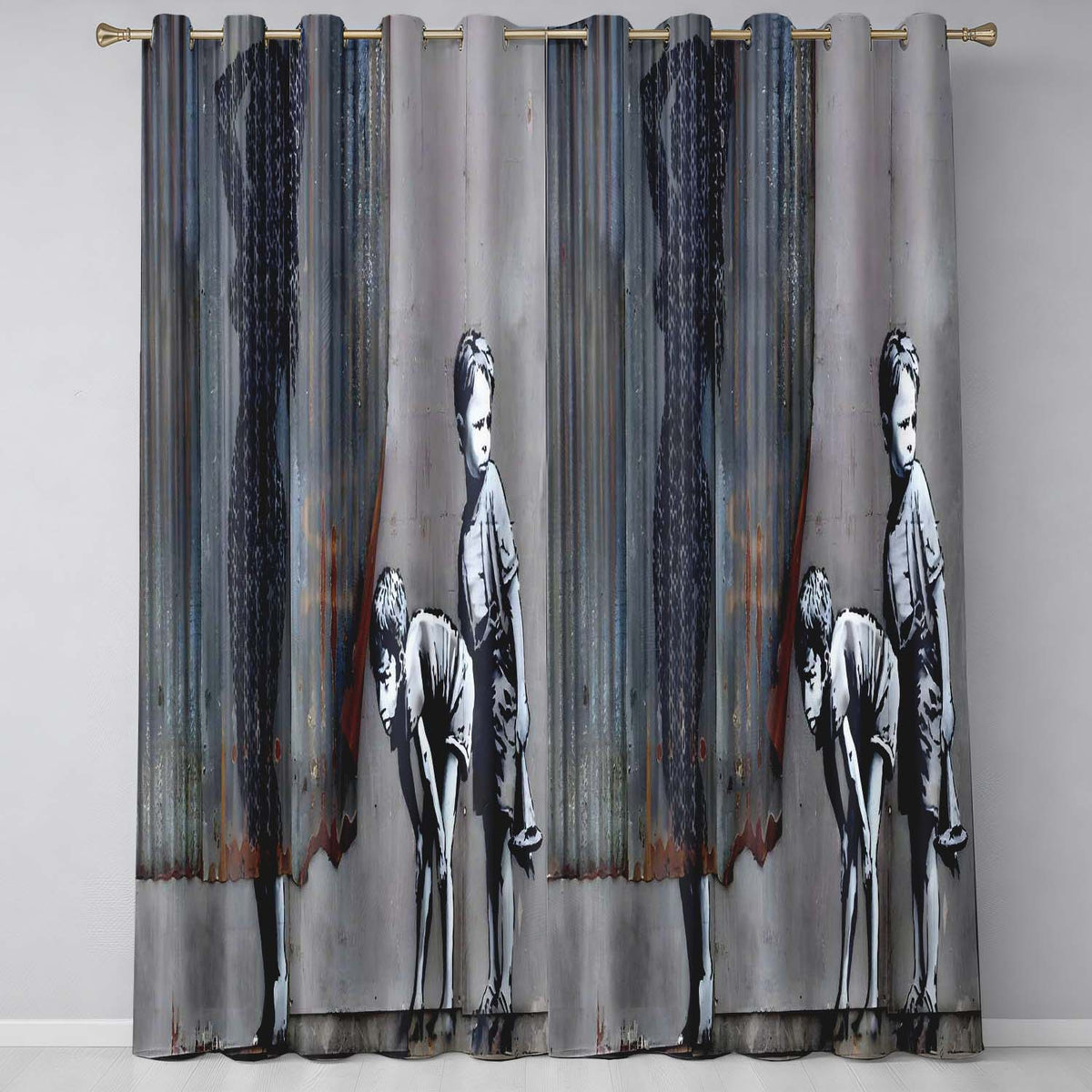 Two Boys and Hidden Woman Monochrome Urban Graffiti Elegant Design for Home Decor Readymade Eyelet Ring Top Thermal 100% Blackout Curtains