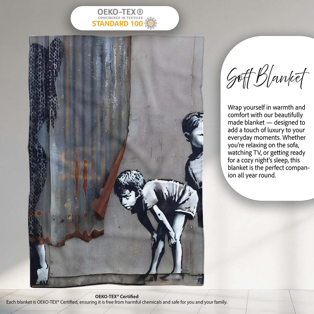 Two Boys and Hidden Woman Monochrome Urban Graffiti, All Season Comfort, Modern Interior Accent - Super Soft Fleece Blanket Bed Sofa Throw