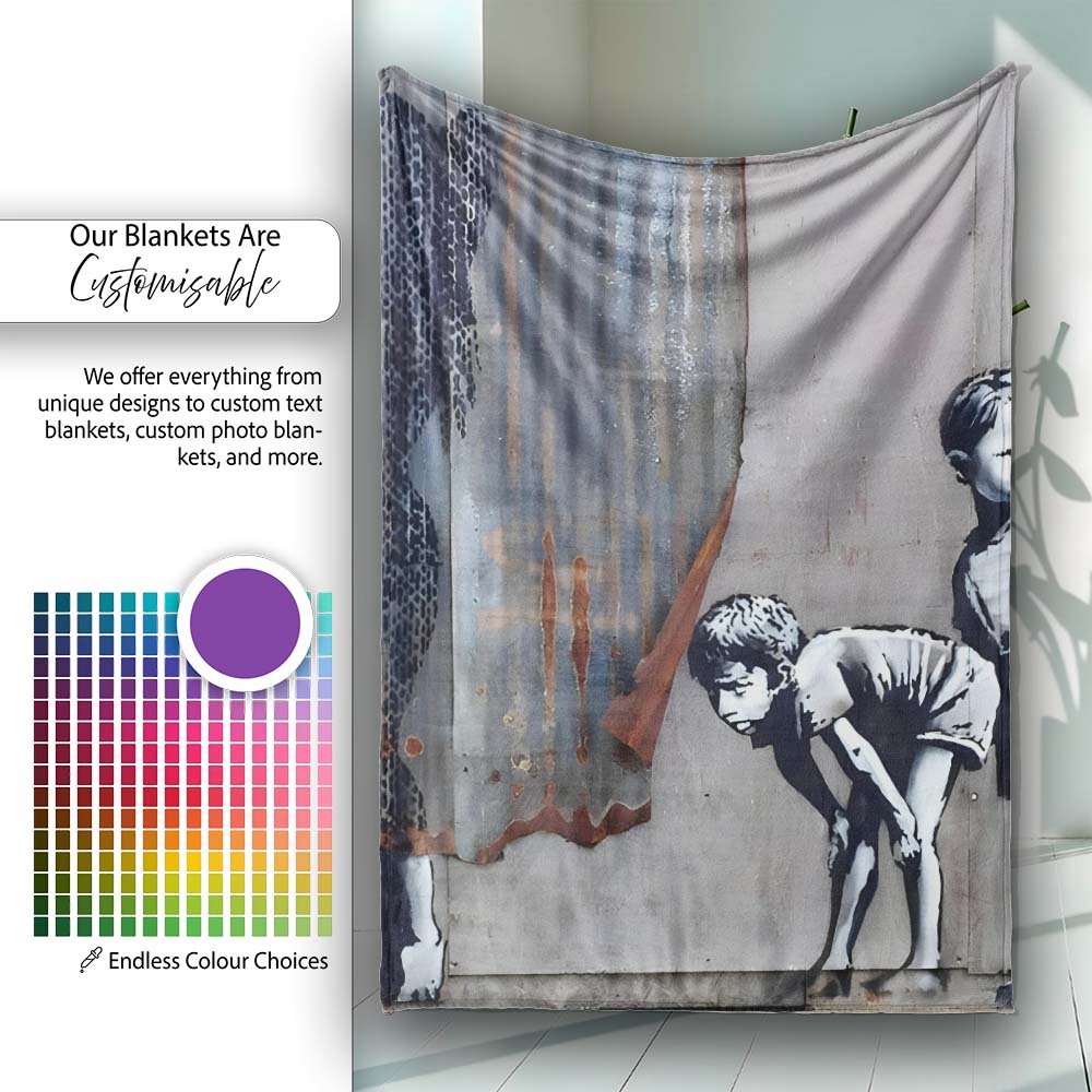 Two Boys and Hidden Woman Monochrome Urban Graffiti, All Season Comfort, Modern Interior Accent - Super Soft Fleece Blanket Bed Sofa Throw