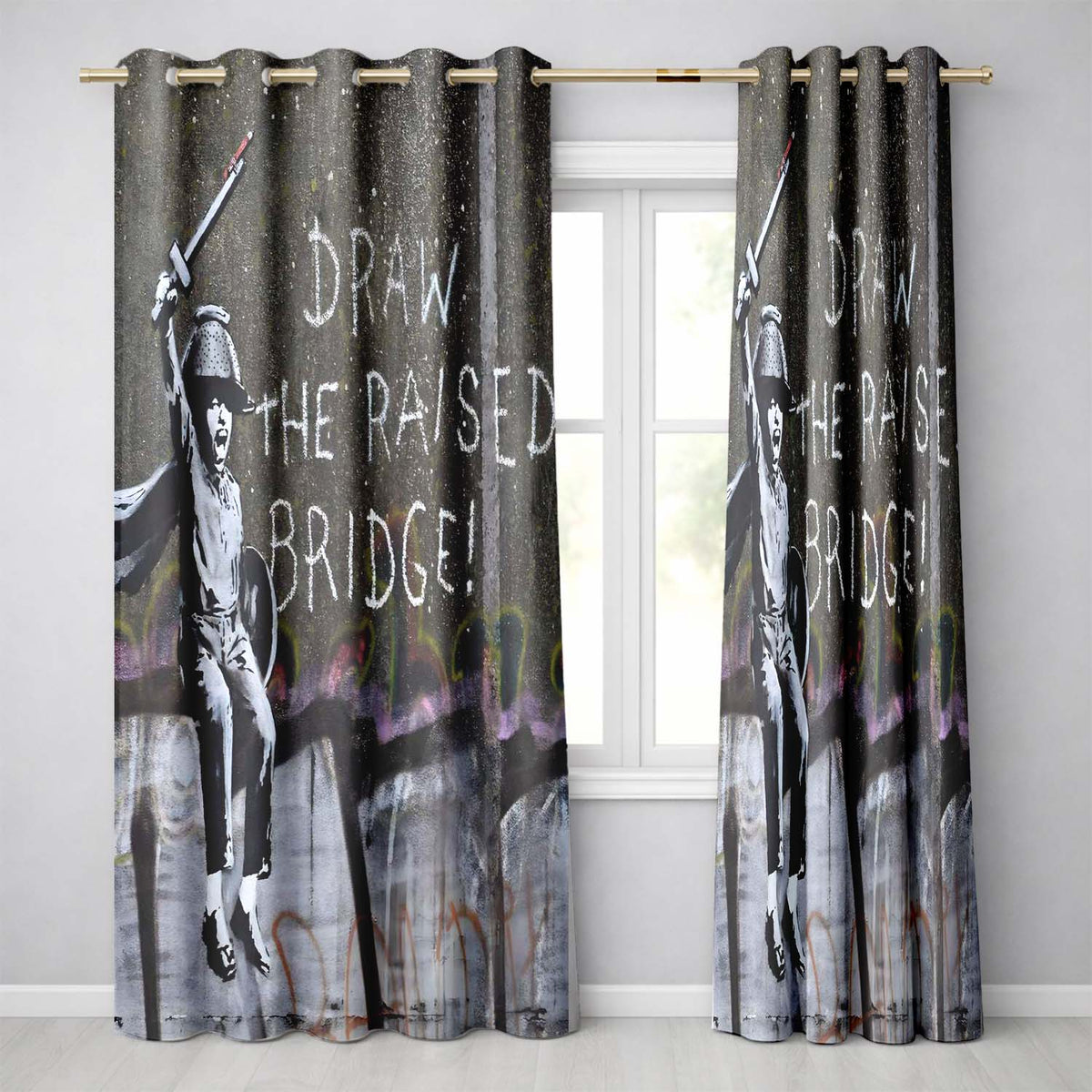Child Warrior Raising Sword Chalk Graffiti Stylish Vibrant Artwork for Home Decor Readymade Eyelet Ring Top Thermal 100% Blackout Curtains
