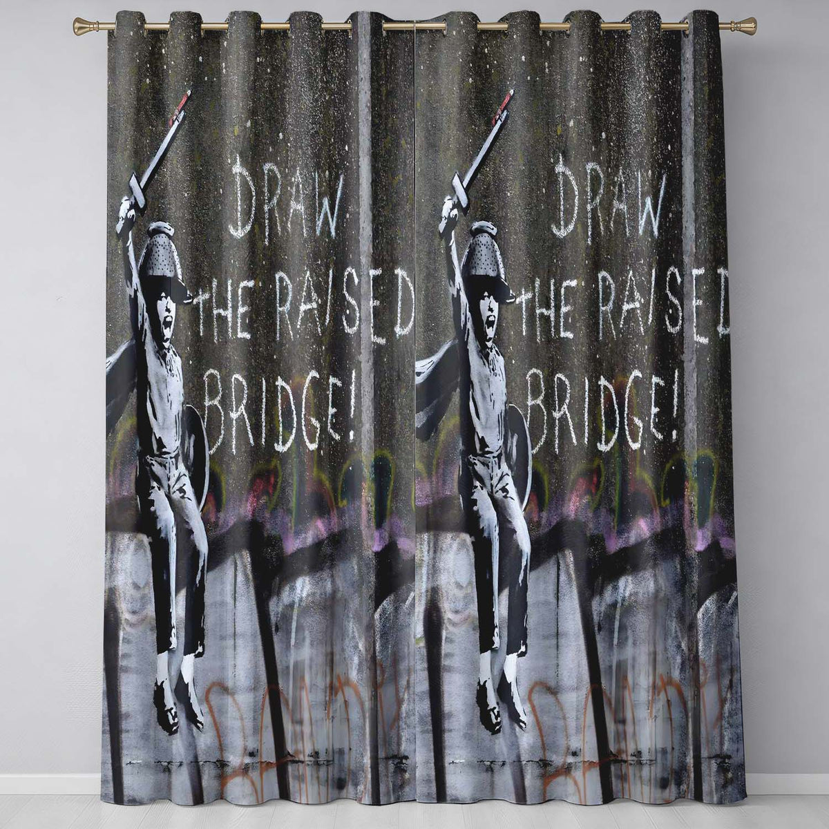 Child Warrior Raising Sword Chalk Graffiti Stylish Vibrant Artwork for Home Decor Readymade Eyelet Ring Top Thermal 100% Blackout Curtains