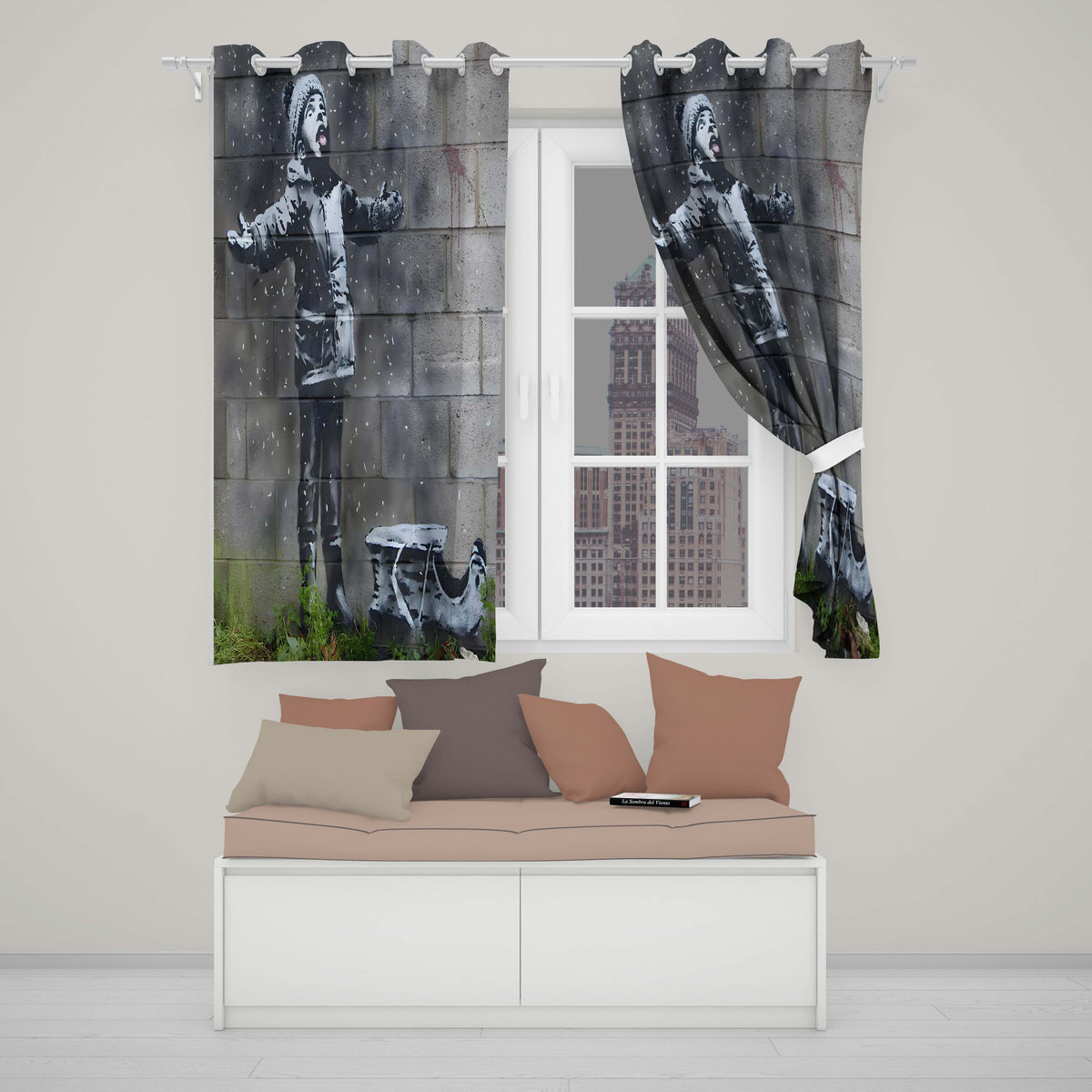 Child Catching Snow beside Small Boat Graffiti Bold Artwork for Living Room Decor Readymade Eyelet Ring Top Thermal 100% Blackout Curtains